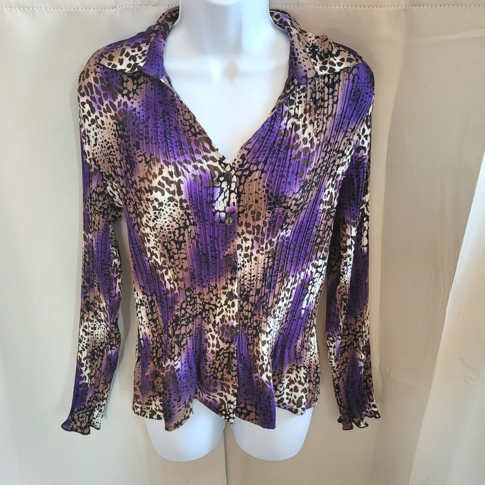 TanJay Petites Womens Button Up Top SP Animal Print Pleated Y2K Mobwife 21687
